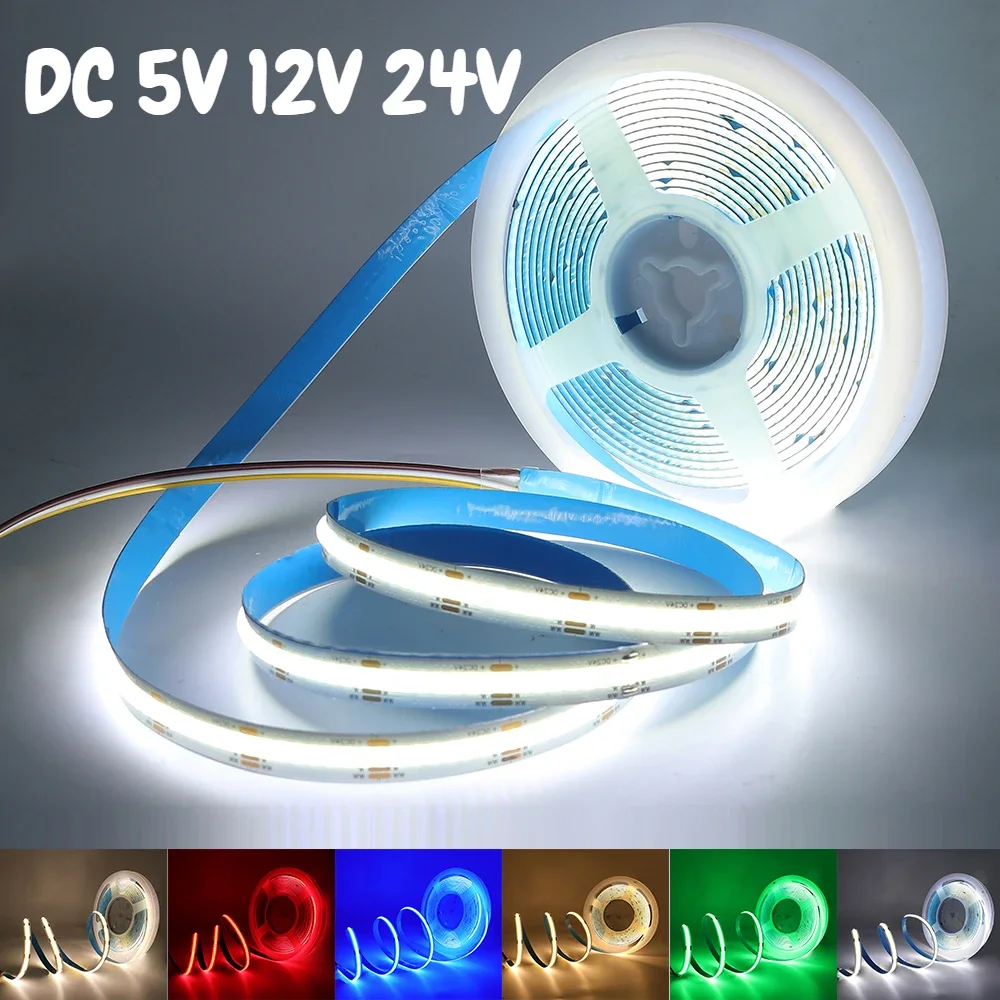 12v 5v 24v cob tira conduzida de alta densidade ra90 320 leds natureza quente branco fresco gelo azul fita flexível luz para decoração do quarto