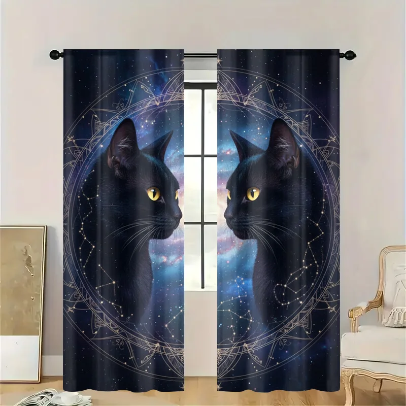 Mystic Black Cat Celestial Curtain Panels Decorative Astrology Zodiac Shower Curtain Home Decor Cat Lover Gift Window Treatment
