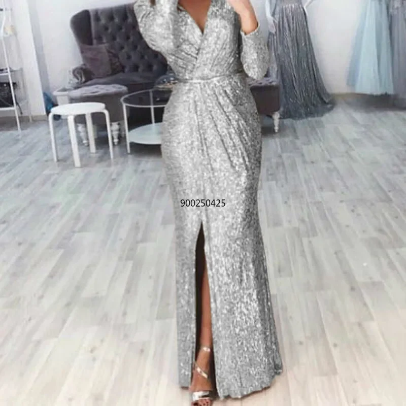 Women Dress V Neck Floor Length Long Sleeve Thigh High Slit Sequin Mermaid Dresses Plus Size Evening Gowns Lady Elegant Dresses