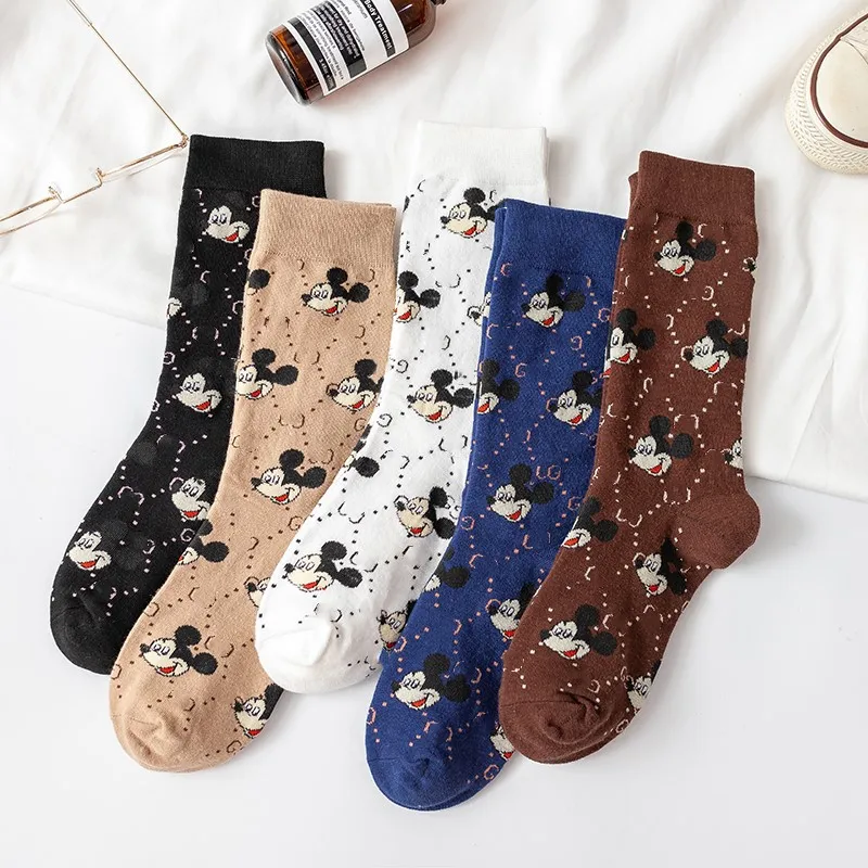 

5 Pairs Disney Mickey Mouse Socks Cartoon Cotton Fashion Men Women Mid Tube Socks Winter Sports Student Anime Socks Gift