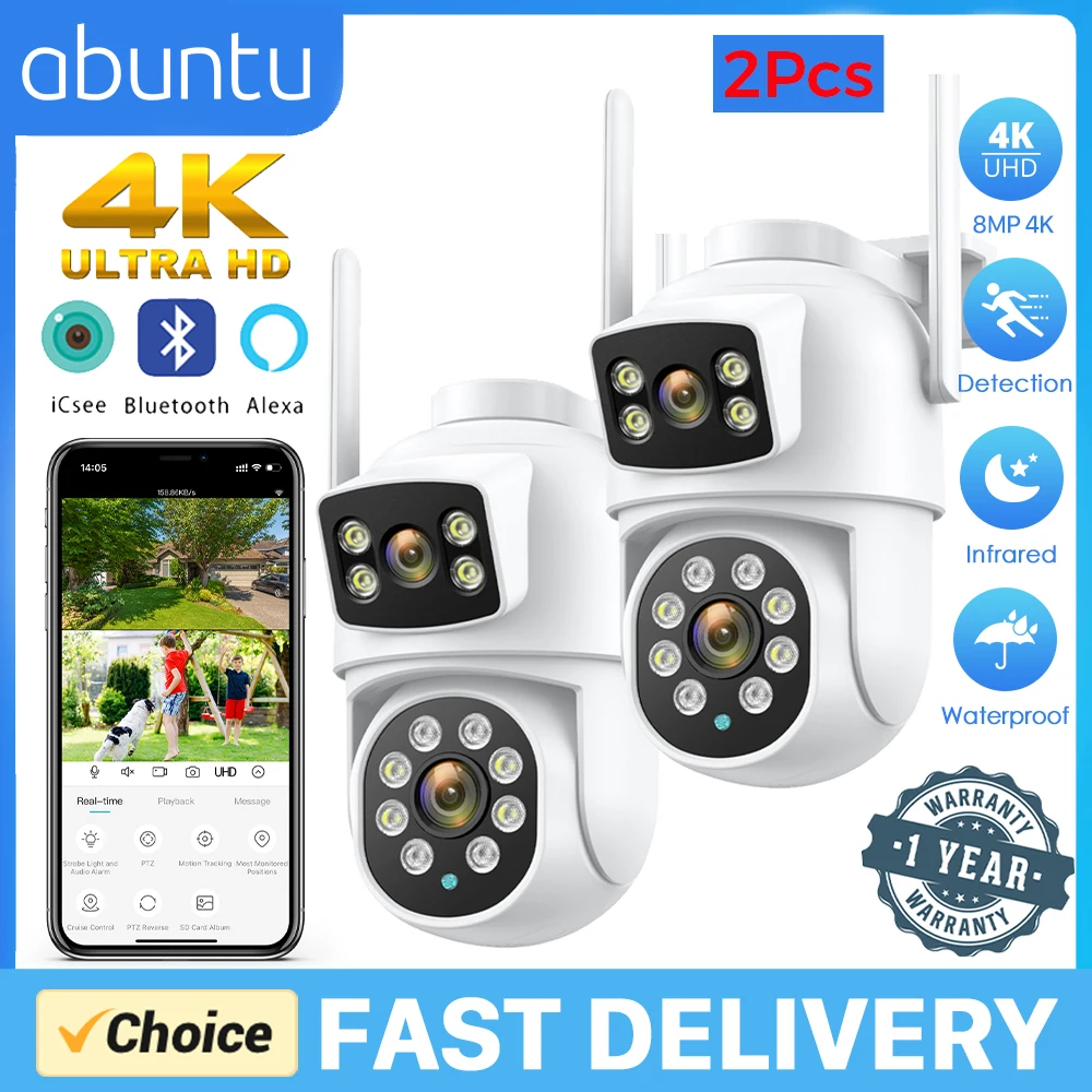 1/2Pcs 8MP 4K PTZ Wifi Camera Dual Lens Dual Screen Outdoor CCTV Surveillance Camera Night Vision Ai Human Detecrion ICSEE APP