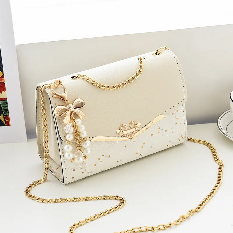 

Fashion Bow Pearl Tassel Pendant Flap Bag 2025 Women's PU Leather Sequin Shoulder Bag Metal Chain Mobile Phone Bag Crossbody Bag