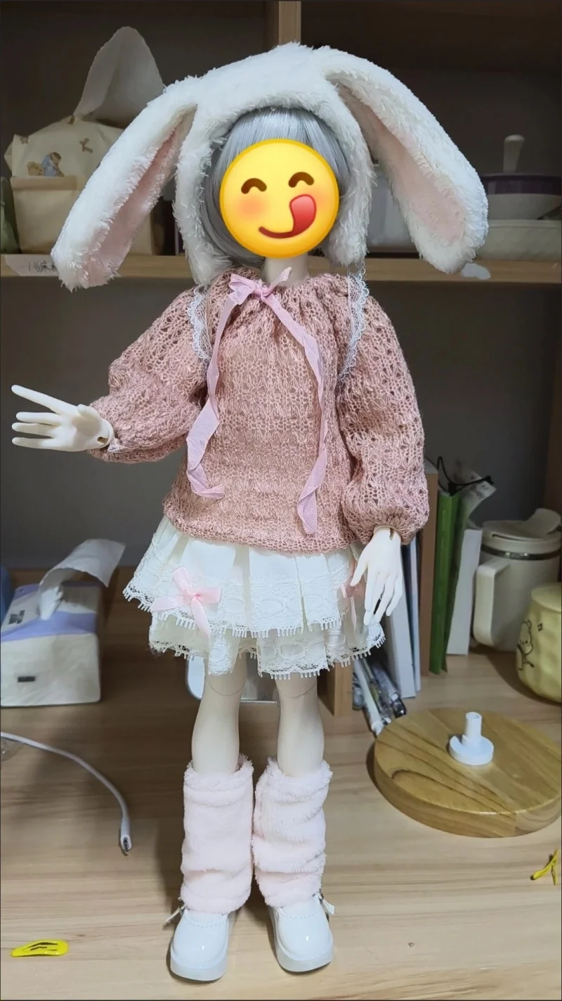 bjd人形の服-1-4と1-6サイズに適しています。バニーイヤー付きピンクの長袖トップス-白のショートスカートセット。人形アクセサリー。