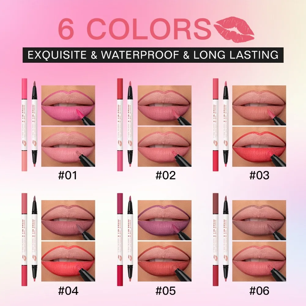 使いやすい6色リップメイク2in1簡単着色リップライナーペンシル両頭アイブロウカラーペンシル女性用