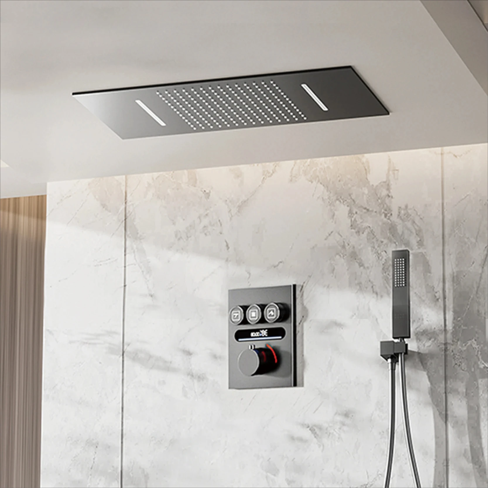 

Luxury black brass thermostatic shower system Wall mounted design Hot&Cold water bathroom ceiling LED digital display faucet