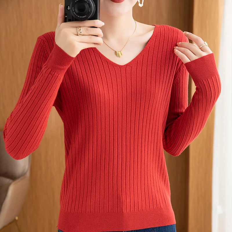 Fashion V-Neck Long Sleeved Knitwear Women's Autumn And Winter 2022 New Style Western-style Loose Fit Under The Bottom Sweater