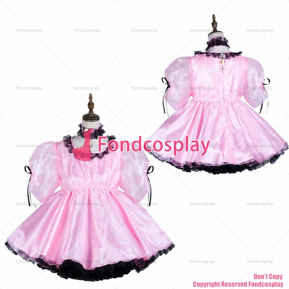 

fondcosplay adult sexy cross dressing sissy maid short baby pink satin dress lockable Uniform cosplay costume CD/TV[G3730]