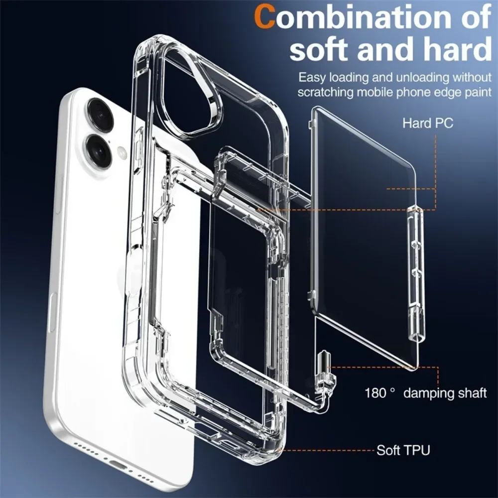 Custodia per telefono trasparente con vibrazione per iPhone 16 Pro Max 15 14 Plus 13 12 11 Staffa di supporto per slot per schede cristallina