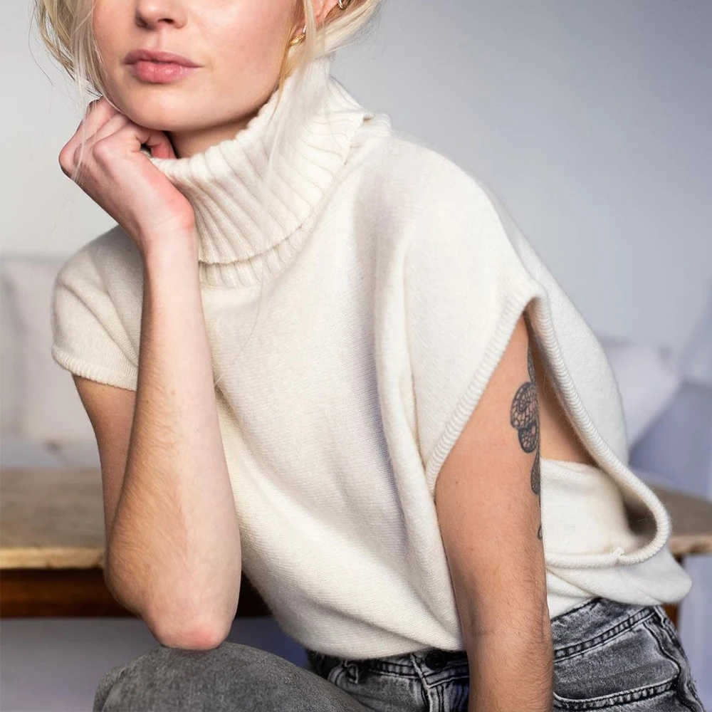 Turtleneck Pullover Knit Women's Sweater Split Hem Sleeveless Oversized Knitwear Tops Female Solid Fashion Streetwear Outwear