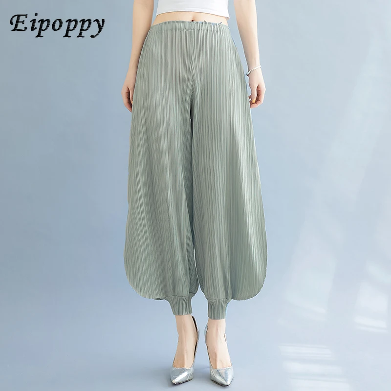 Bloomers de drapeados plissados femininos, emagrecimento solto na moda, calça casual fina com faixas no tornozelo