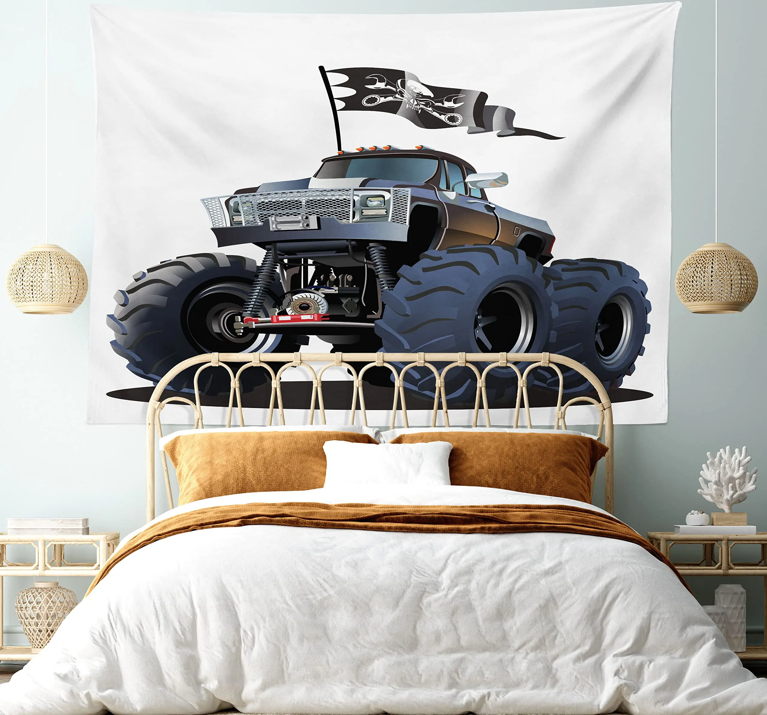 Cartoon Car Tapestry Popular Large Suspension Machinery Monster Truck Off To Road Art Wall Hanging for Bedroom Living Room Dorm