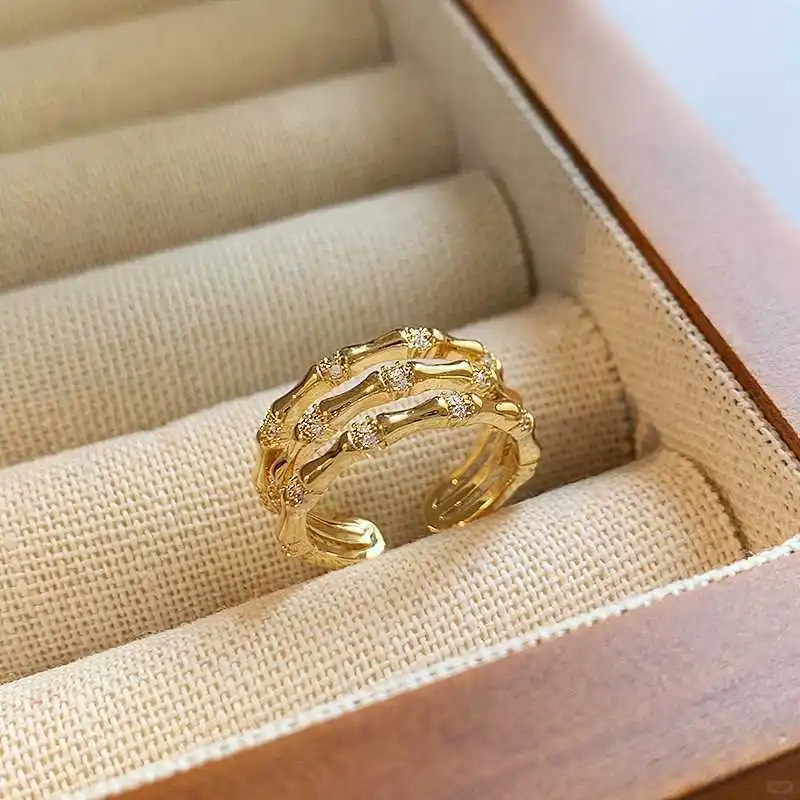 New in minimalist retro three-layer bamboo knot opening ring creative inlaid diamonds rings for women high-end banquet jewelry