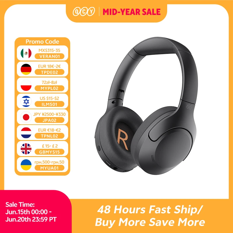 QCY H3 Lite ANC Wireless Headphones Bluetooth 5.3 Active Noise Cancelling Over Ear Headset 40mm Driver HiFi Sound Earphones