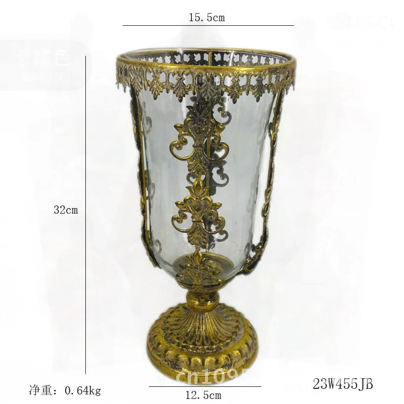 

French Retro Glass Candlestick Flower Arrangement Vase High-Leg Metal Candle Holder Luxury B&B Desktop Decor Ornament