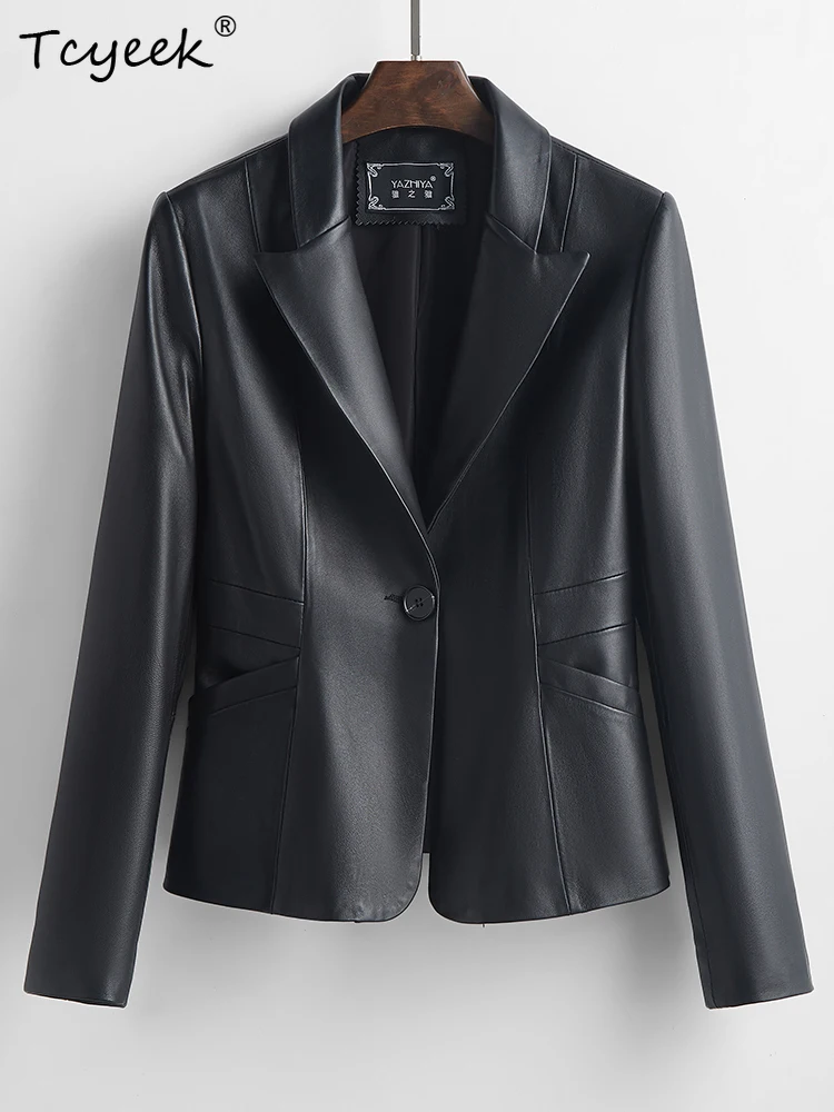 Tcyeek Damska Kurtka Skórzana z Prawdziwej Owczej Skóry Wiosna Jesień Kołnierz Garniturowy Długi Rękaw Krótka Czarna Kurtka Garniturowa Chaqueta Cuero Mujer