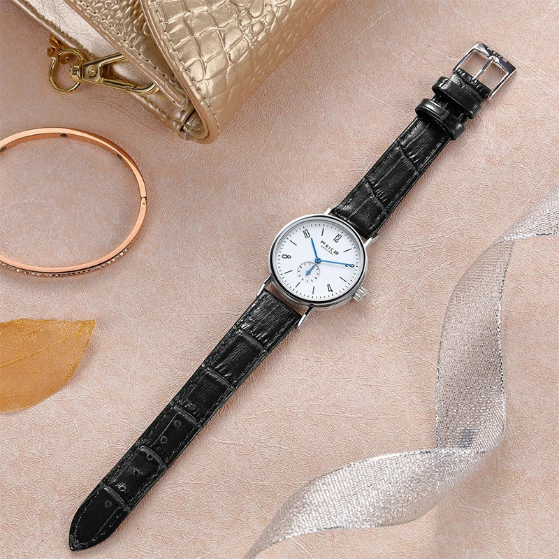 FEICE Round Bauhaus Women Quartz Watch Analog Display Casual Leather  Watches Fashion Synthetic Sapphire Quartz Watch for Women