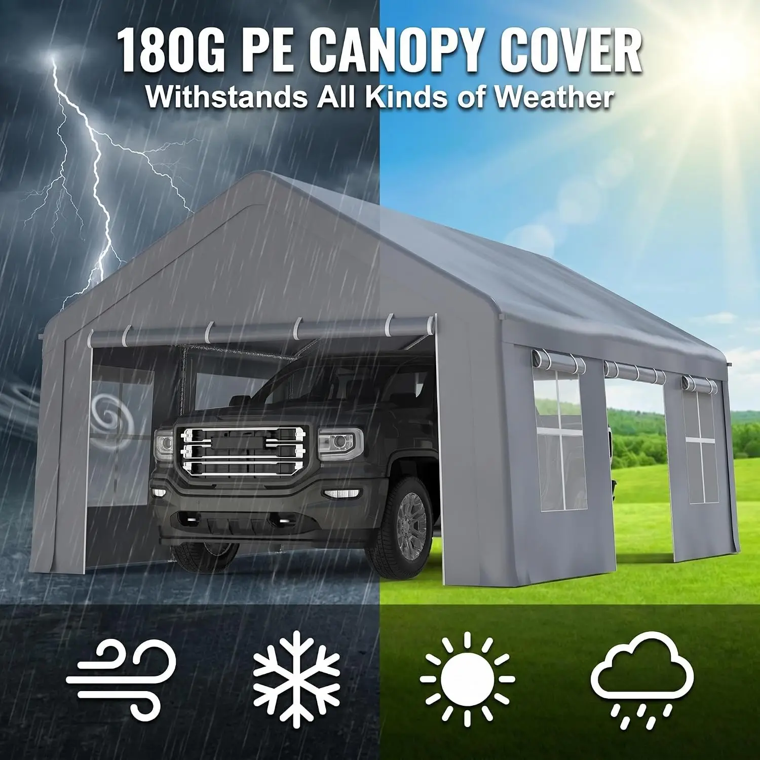 3 Roll-Up Doors & 5 Windows, Removable Sidewalls, All Season Outdoor Car Canopy Tent, Car Port for SUV Pickup Truck Boat