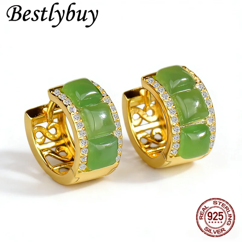

925 Silver Gold-plated Natural Hetian Jade 15mm Hoop Earrings Women's Retro Simple And Chic Emerald Temperament Earrings