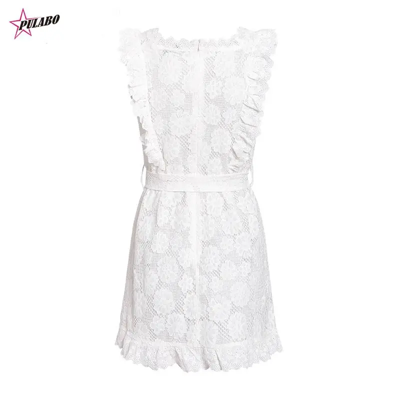 Elegante bordado rendas vestido feminino oco para fora faixas babados branco vestido de verão magro sexy festa senhora vestido feminino