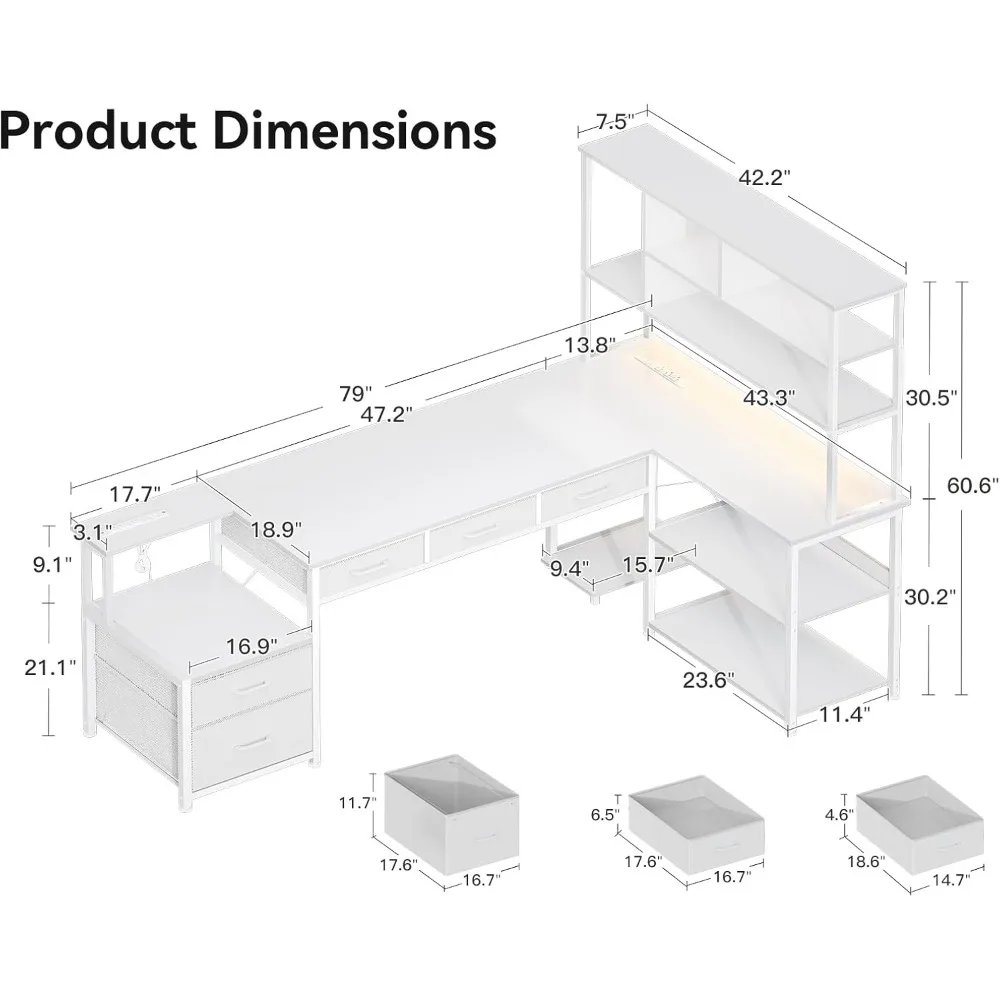 مكتب على شكل حرف L مقاس 79 بوصة مع أدراج ملفات، مكتب ألعاب على شكل حرف L قابل للعكس مع منافذ طاقة وأضواء LED، مكتب كمبيوتر مع St