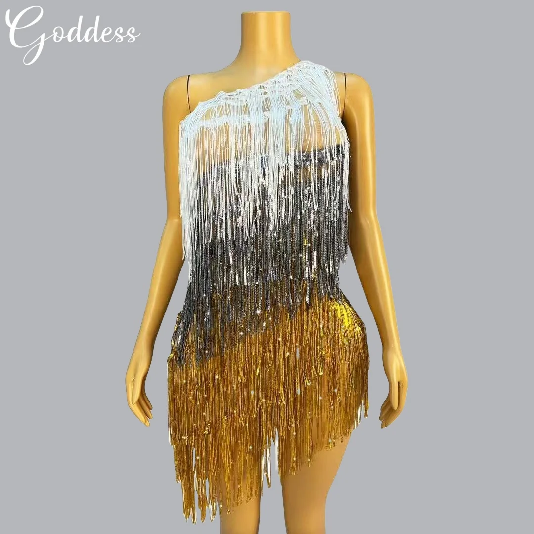 

Sparkly Sequins Beading Tassel Latin Dancer Dress Set Strap Dress Club Carnival Party Sexy Dance Performance Dress Stage Outfit