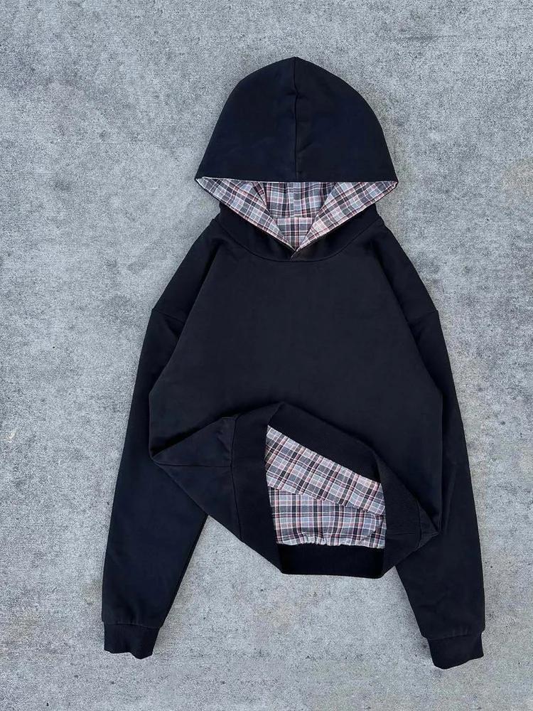 Herbstlicher, ästhetischer GRUGE-Kapuzenpullover mit Gitterfutter und Y2K-Streetstyle, lässiger Alltags-Hoodie für Damen und Herren – Detail 8