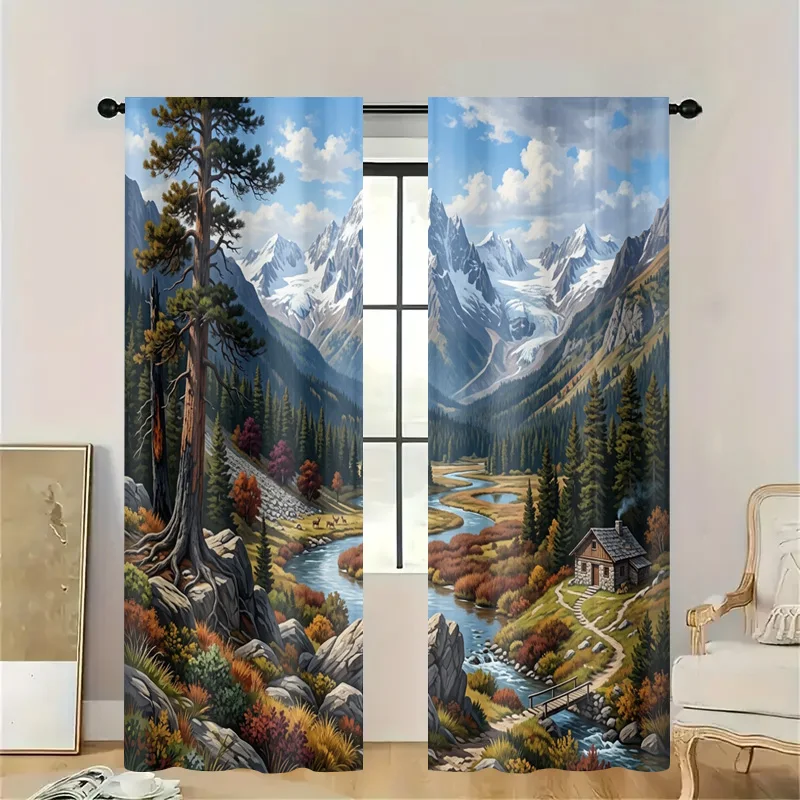 Large Scenic Mountain Landscape Curtain Day Filter Window Decor Alpine Forest River Cabin View Curtains for Bathroom Bedroom Liv