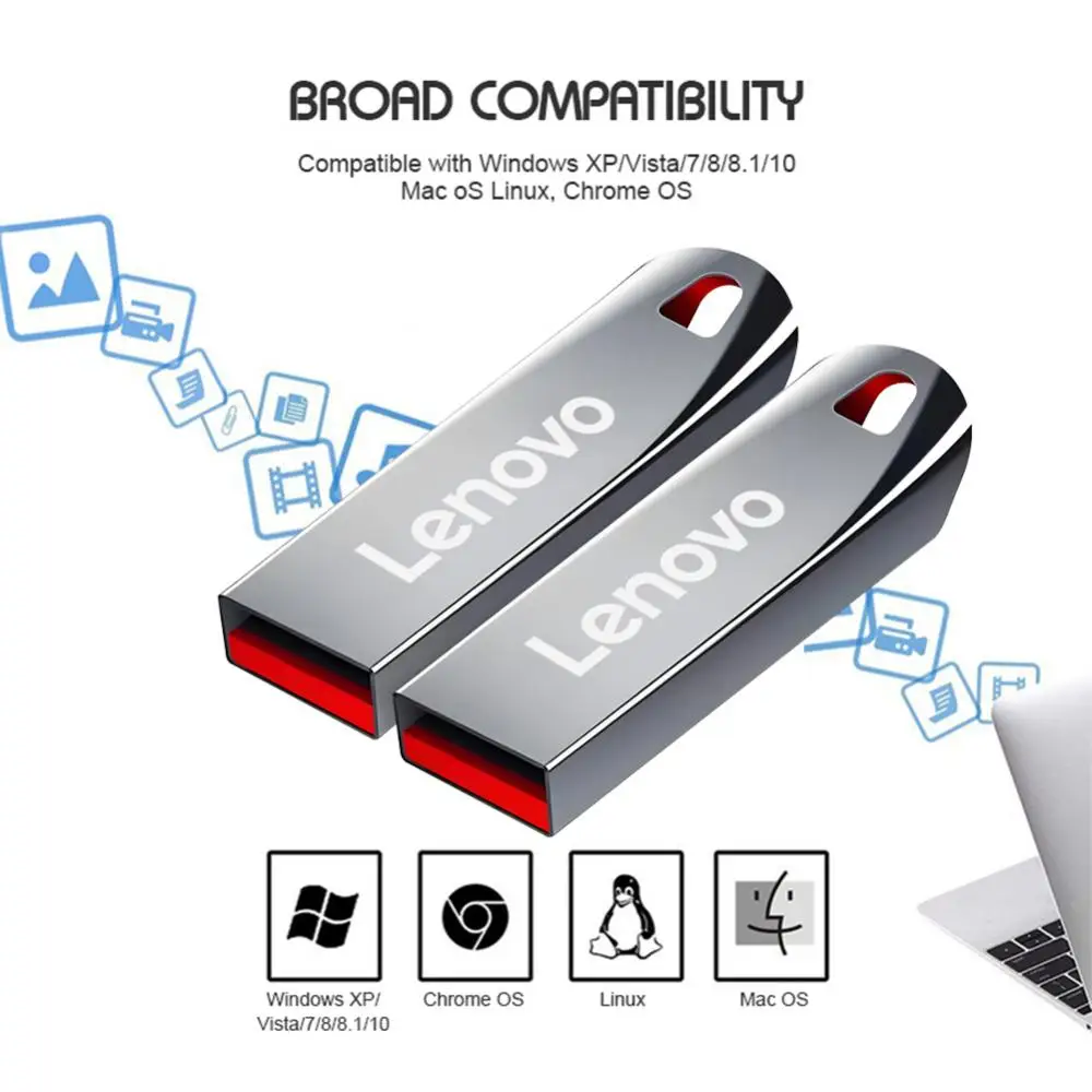 LENOVO-Clé USB 3.0 en Métal Étanche de 2 To, Disque Flash Portable à Grande Vitesse pour Stockage d\'Ordinateur Formateur