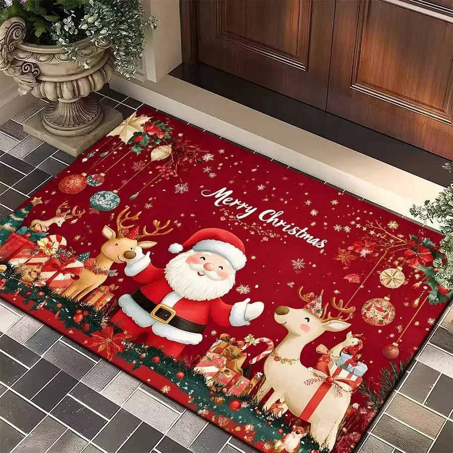 40x60cm Christmas Santa Doormat Non Slip Floor Mat Washable Entrance Door Rug Porch Hallway Dirt Resistant Holiday Decor