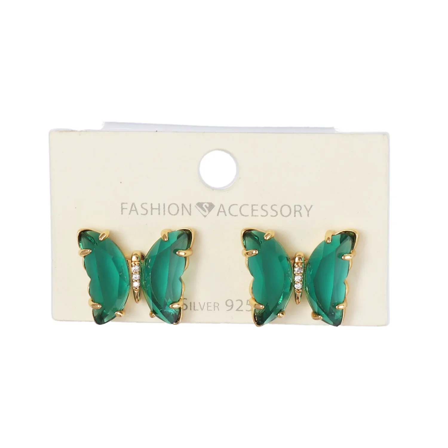 Fashion Crystal Glass Butterfly Stud Earring for Women New Hole Green Color Transparent Animal Jewelry Christmas Girl Gift