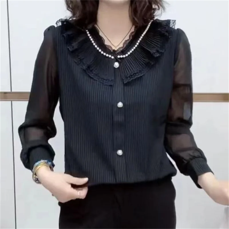 Spring New Fashion Women High-grade V-neck Thin Knit Long Sleeve Base Shirt Autumn Temperament Loose Chiffon Small Shirt Top