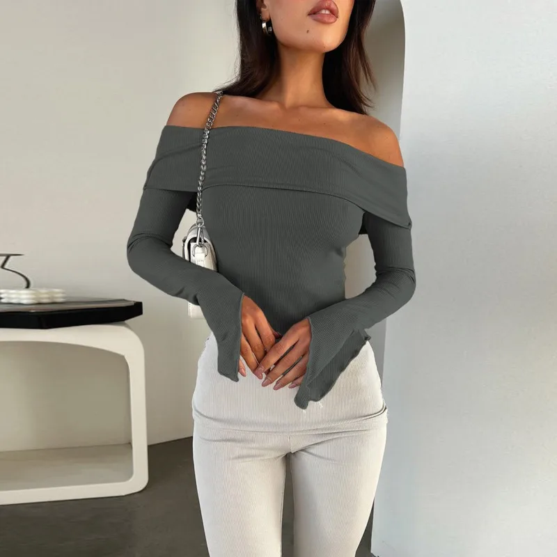 European and American Sexy One Neck Off Shoulder Long Sleeved Top 2024 Autumn Hot Selling Women's Casual Skinny T-shirt Base Top