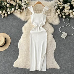 Sleeveless Hollow Split Wrap Dress Midi Sexy Fashion Elastic Tight Party Elegant Vestidos Chic Beach Summer Women Long Dress