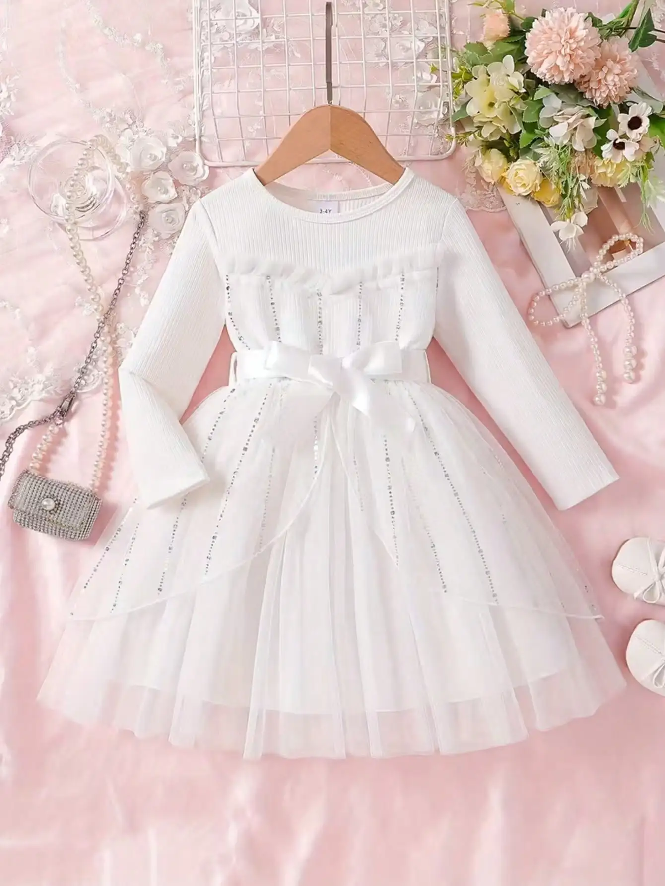 Children's round Neck Long Sleeve Dress with Waist Cinching Strap Mesh Casual Elegant Mid-Length Skirt