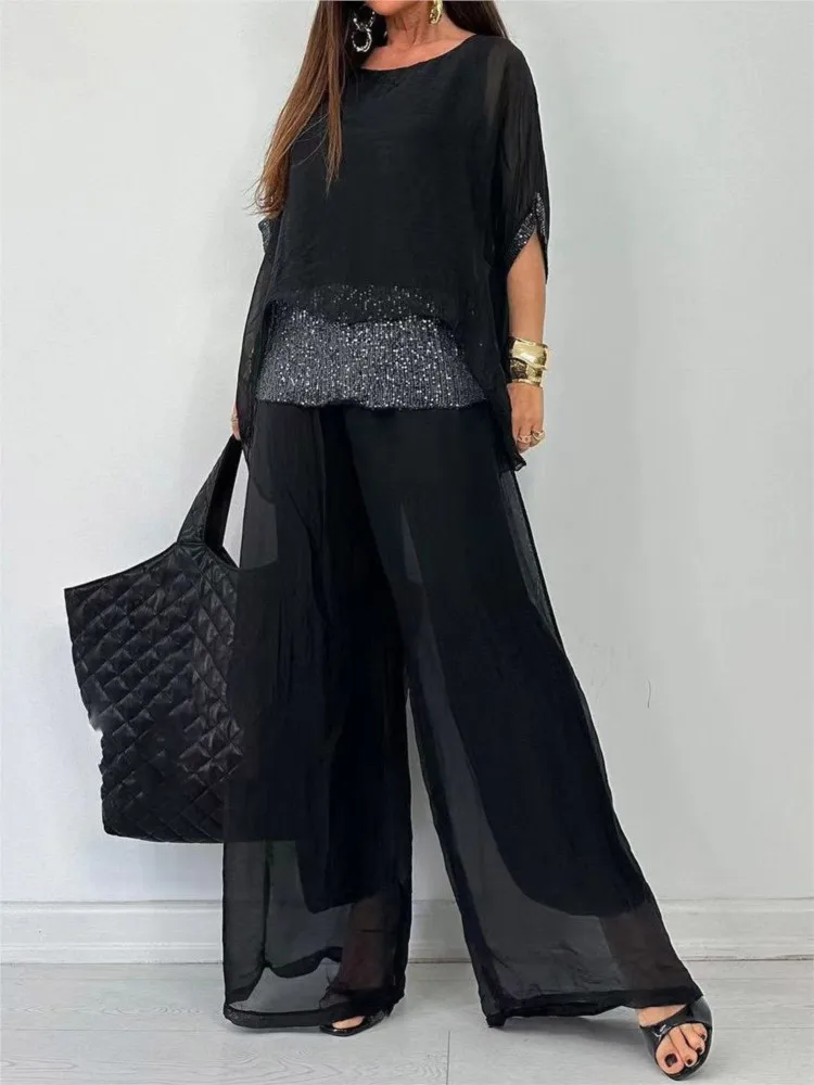 Fashion Sequin Woman Top Wide-leg Pants Set Casual Dolman Sleeve Suit Bat Sleeve Sequin Tops Wide Leg Trousers Sets For Women