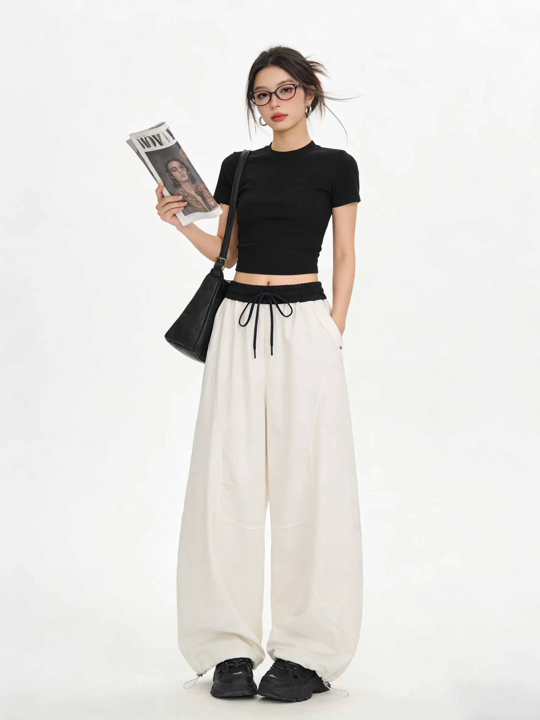 

Casual High Waist Wide Leg Pants Elastic Waist Color Block White Versatile Summer Slimming Lazy Style Workwear Trousers