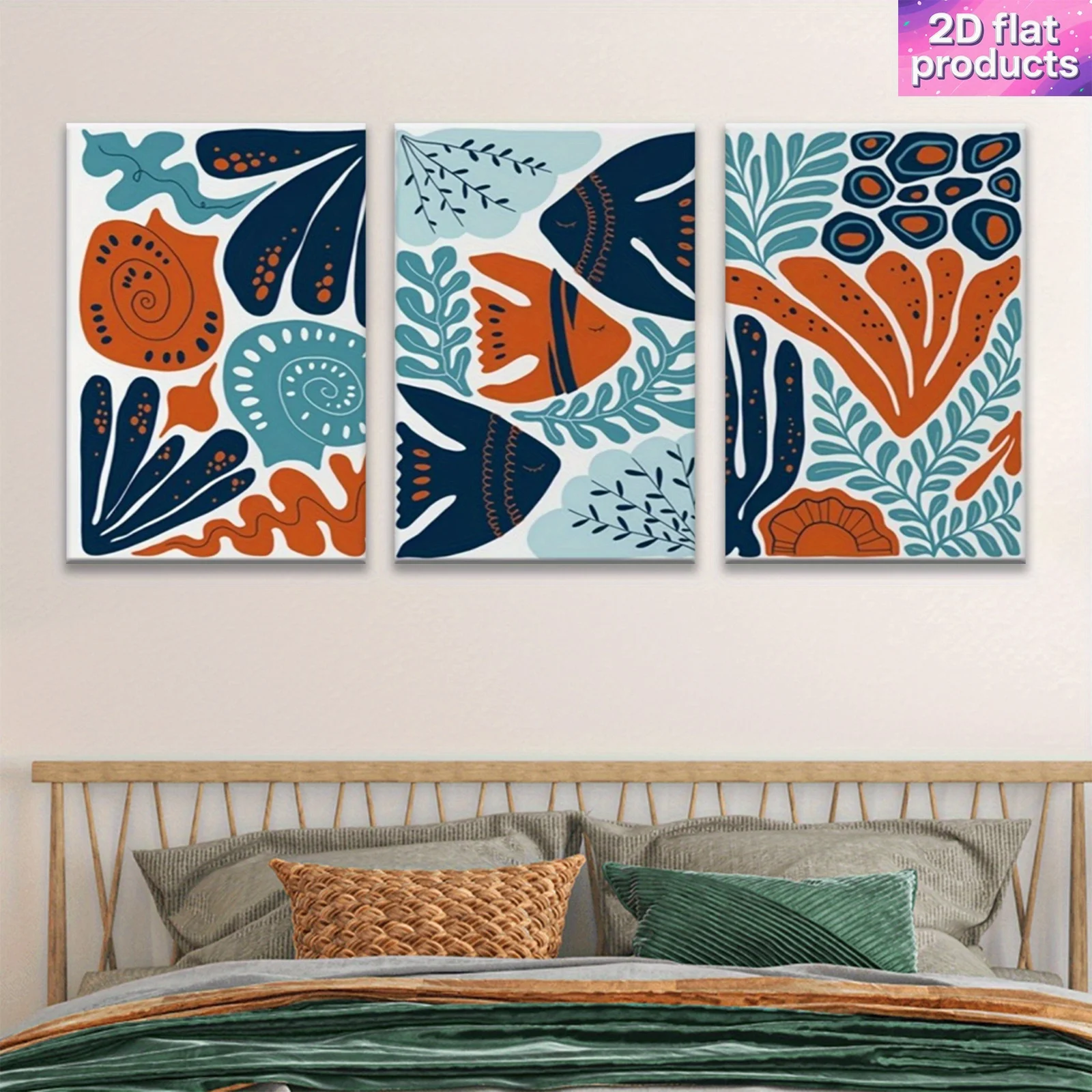 Frameless 3 Piece Abstract Ocean Fish Canvas Wall Art Bohemian Marine Plants Wall Decor for Bedroom