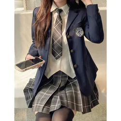 Japanese School Uniform JK Suit Girls Long Blazer Tie Plaid Skirt White Shirt Medal Five-piece Women Sexy Spring and Autumn Suit