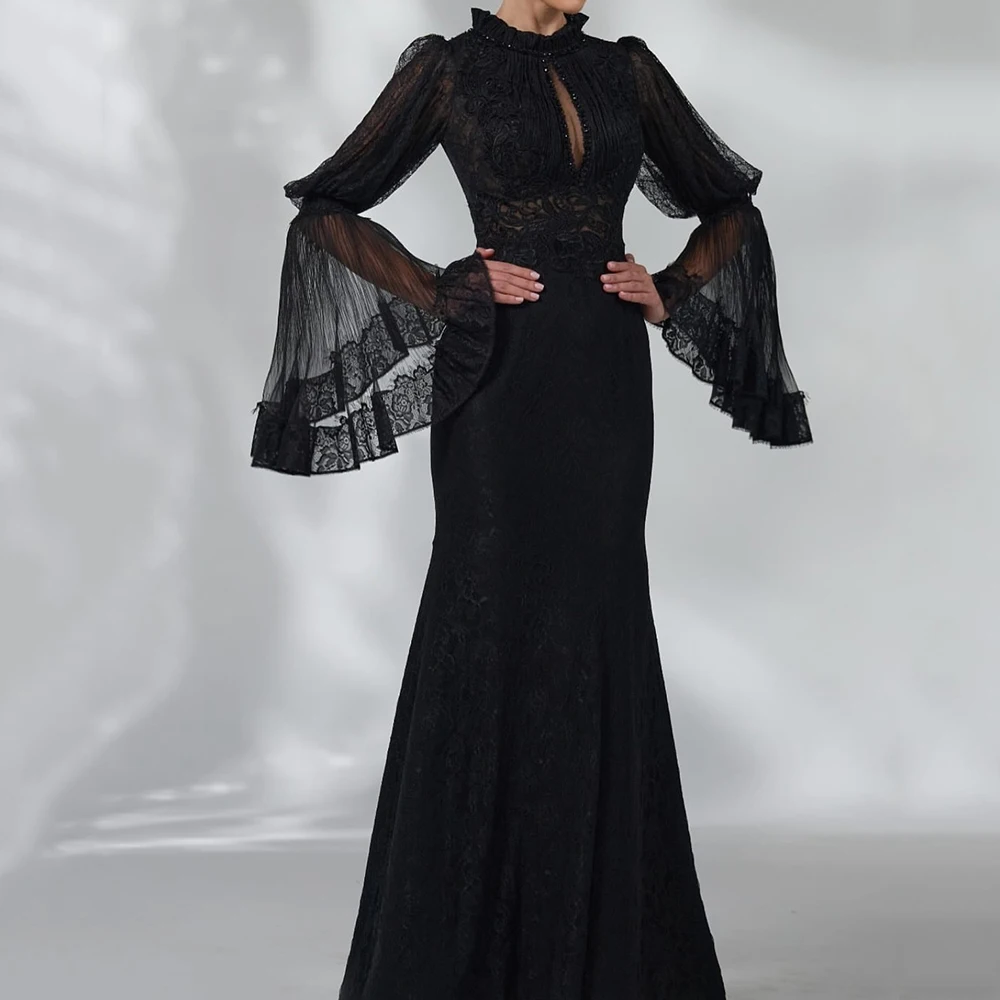 

Customized A-line Evening Dresses Floor-length High-neck Full Sleeve Prom Gown Simple Fashion Lace Sequined Draped Party Gown