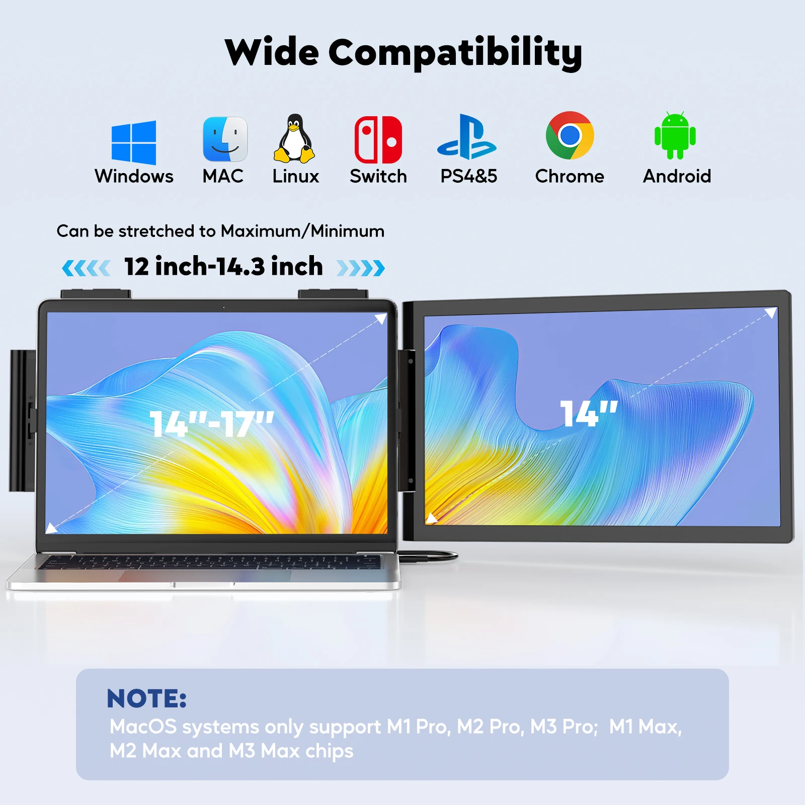 موسع شاشة الكمبيوتر المحمول Amoudo، موسع شاشة الكمبيوتر المحمول 14 بوصة FHD 1080P IPS، شاشة محمولة لأجهزة الكمبيوتر المحمولة 14 بوصة - 16 بوصة مع USB-C/HDMI