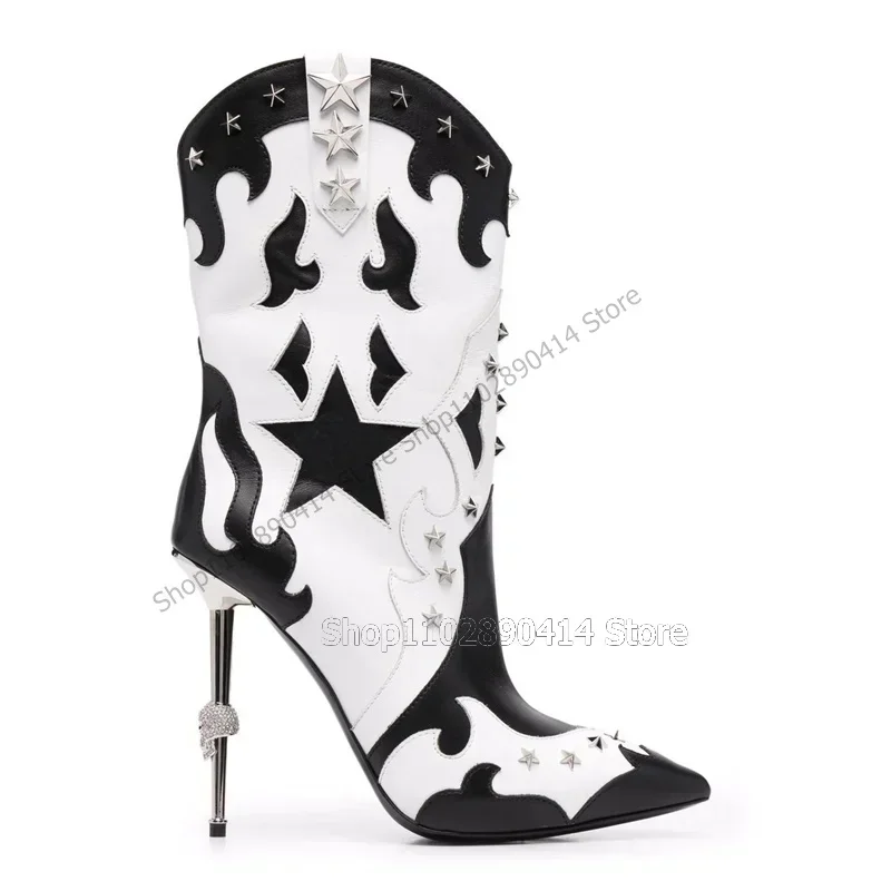 

Black White Totem Design Star Rivets Pointed Toe Boots Slip On Women Shoes Thin High Heels Novel Party 2023 Zapatos Para Mujere