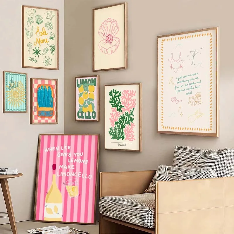 الاستوائية Preppy المشارك صدف الشاطئ الصيف المشارك طباعة النبيذ جراد البحر قماش اللوحة صور المنزل لغرفة المعيشة ديكور