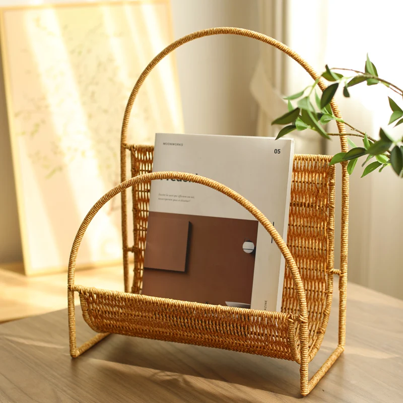 Ins Magazine Rack with Rattan Accents, Handmade Newspaper Organizer, Portable Car Trash Bin, Creative Home Decor Storage