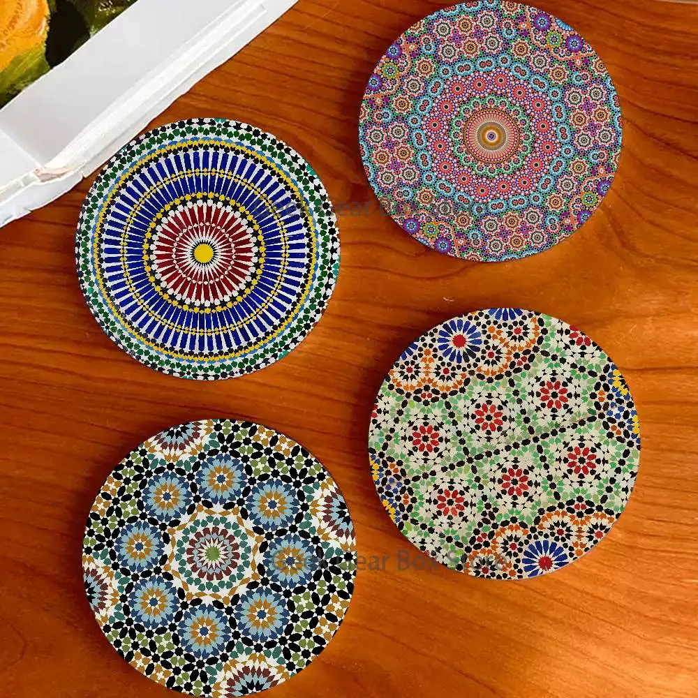 

M-Moroccan Tile style 2D Pattern round Wooden Coaster Decorative Coffee Cup for Use in Coffee Shops Bars Wine Beer