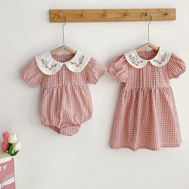 2026 Summer Baby Girl Bodysuit Romper Pink Plaid Doll Collar Embroidery Dress Sister Matching Outfits for Newborn Kids