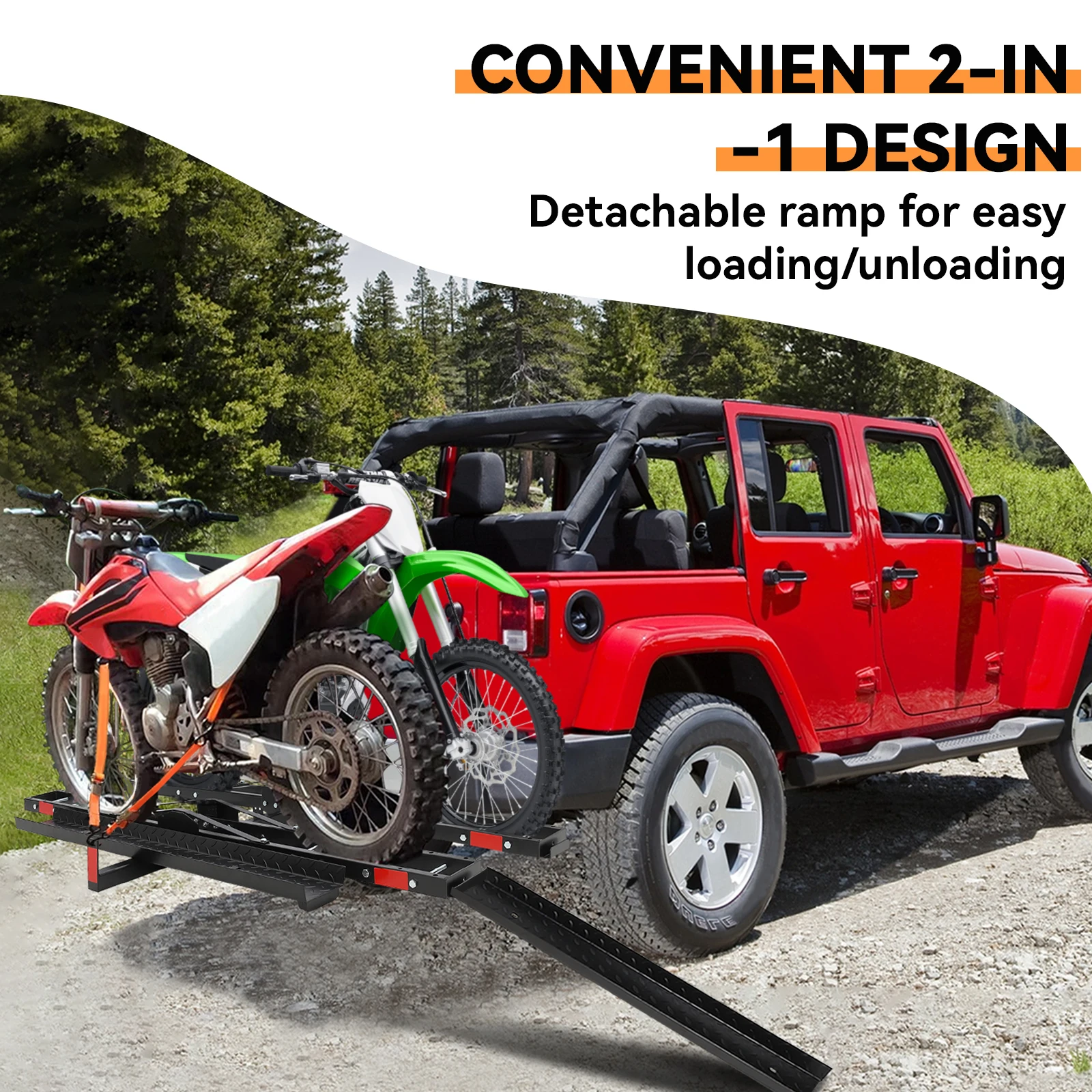 

Heavy Dirt Bike Carrier for 2 Ebikes,Motorcycle Rack Hitch Mount with Ramp,Hitch Carrier with Ratchet Straps,Stabilizers 600 Lbs