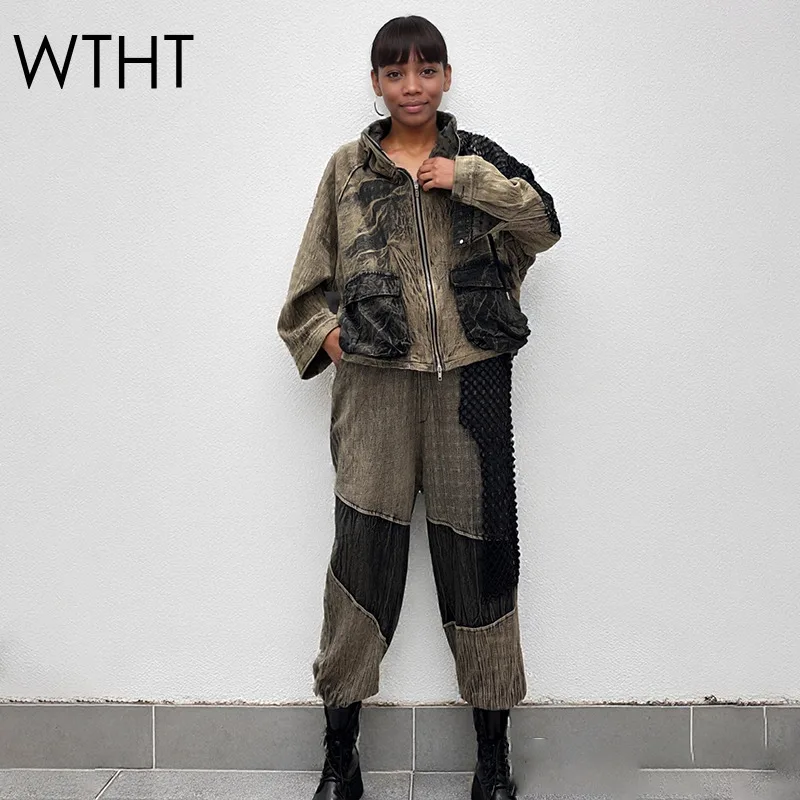 

WTHT винтажная модная женская свободная куртка с капюшоном из сращенной сетки, джинсы-шаровары с эластичной резинкой на талии, женские джинсы-шаровары, осень 2021, 1LS2685