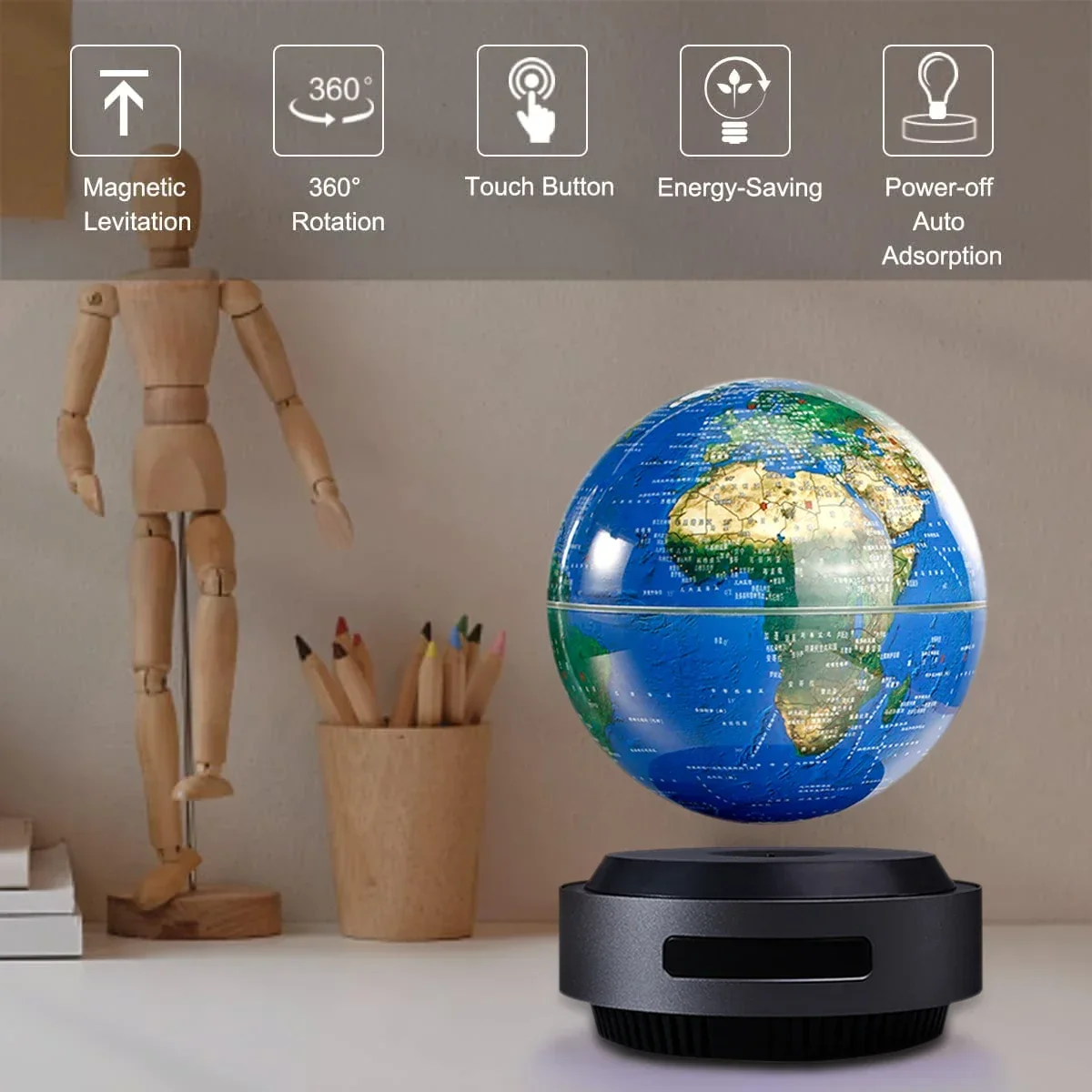 Desain terbaru grosir otomatis mengangkat Desktop berpendar diputar Terrestrial magnetik Levitating plastik Globe