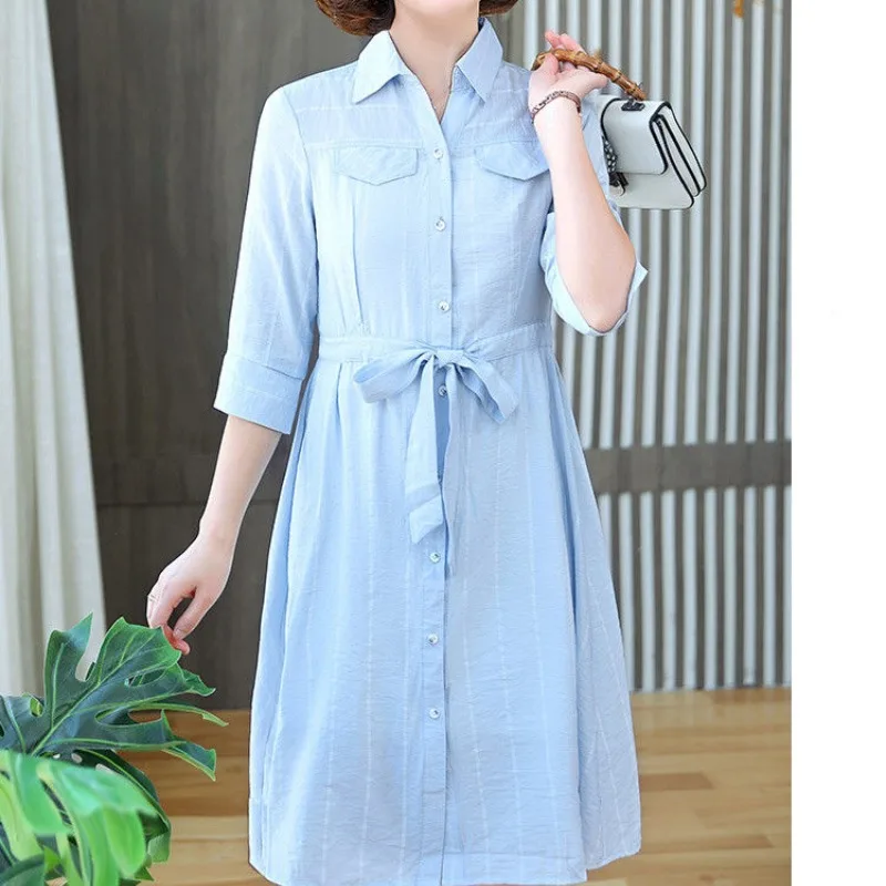 2024 Summer New Women's Fashion Commute Square Neck Spliced Striped Shirring Drawstring Button Half Sleeve Slim Fit A-line Dress image 3