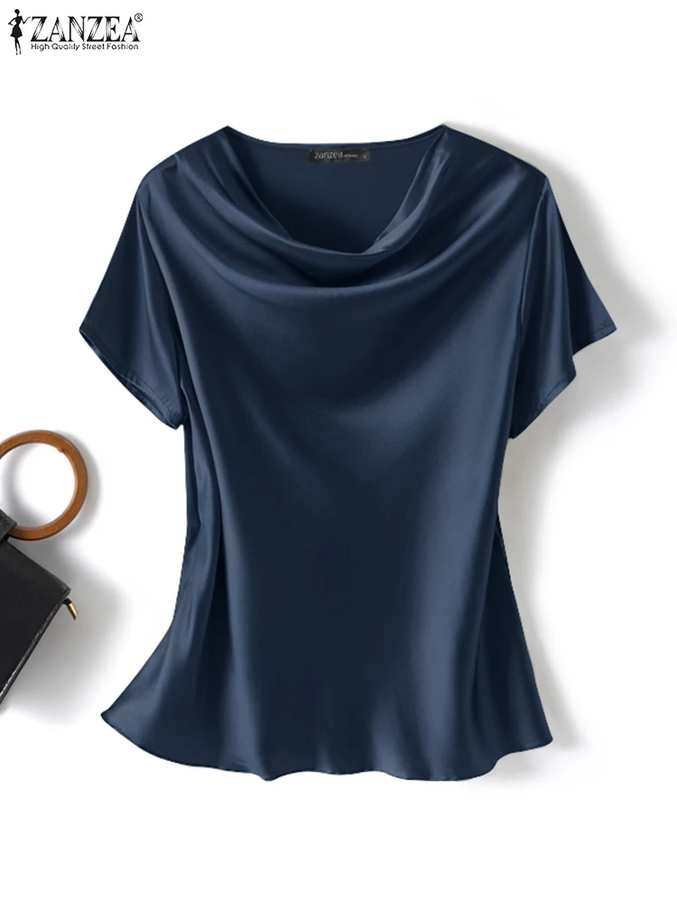 ZANZEA Summer Fashion Satin Blouse Women Short Sleeve Solid Shirt Female Casual OL Work Tunic Tops Elegant Loose Blsuas Oversize